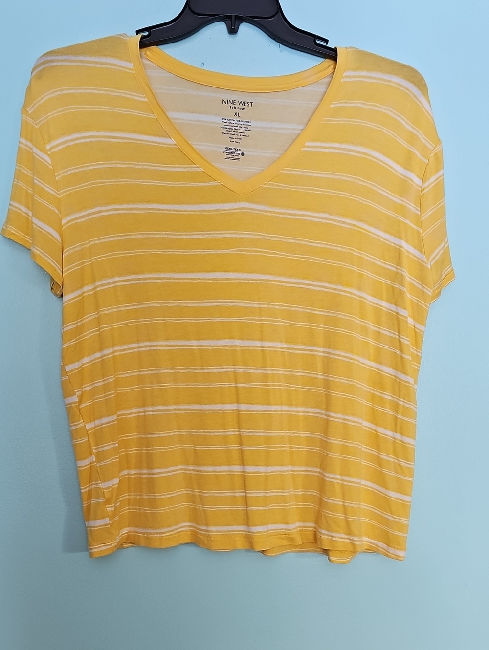 Nine West Yellow and White Striped V-Neck Tee
